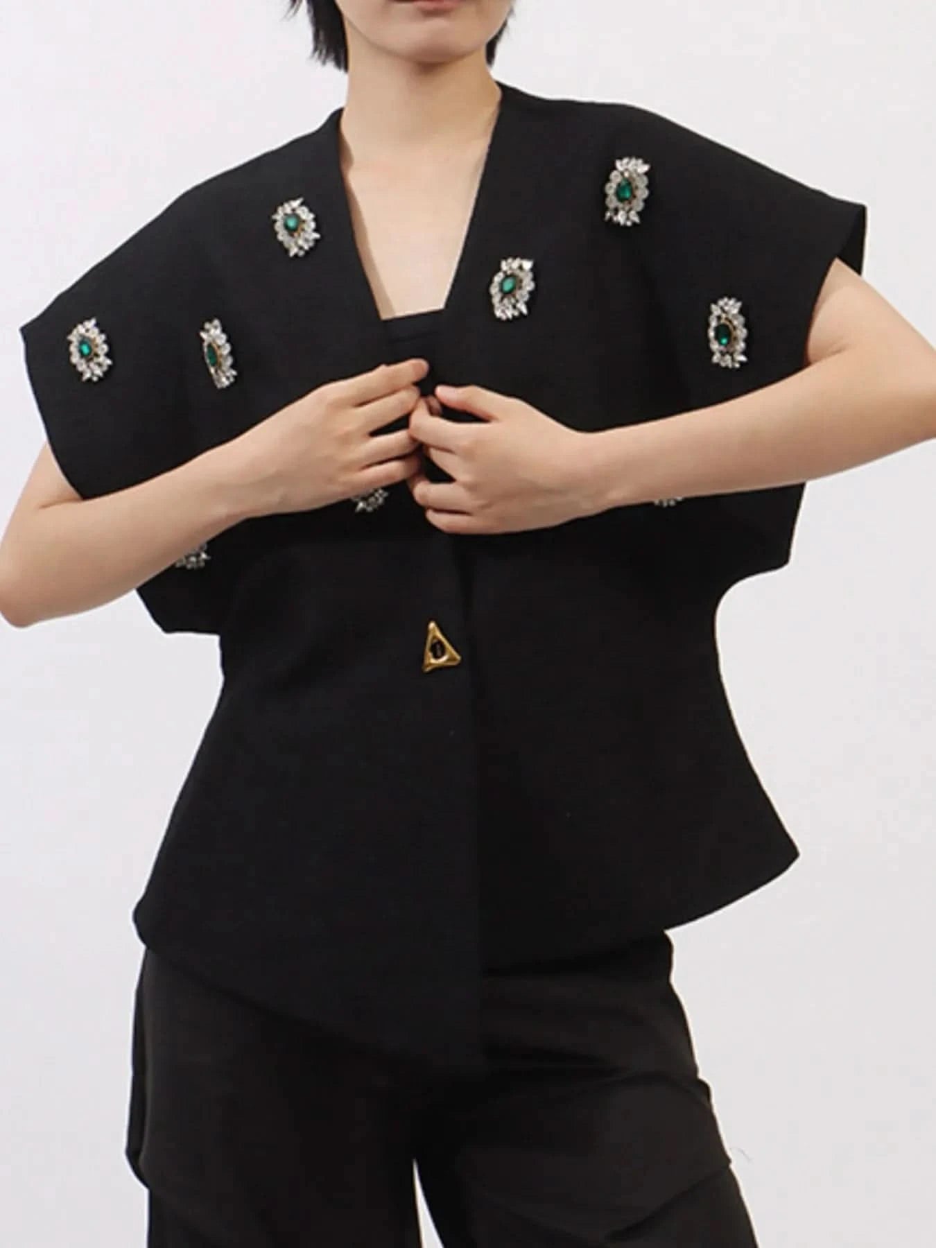 Plus Size Rhinestone Relaxed Fit Vest Coat - ShalayeFashion