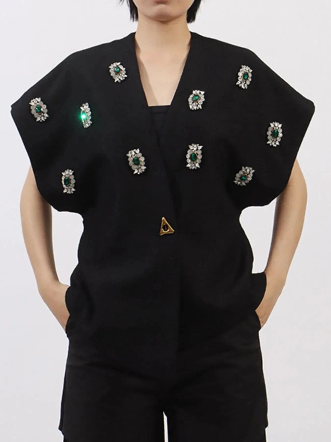 Plus Size Rhinestone Relaxed Fit Vest Coat - ShalayeFashion