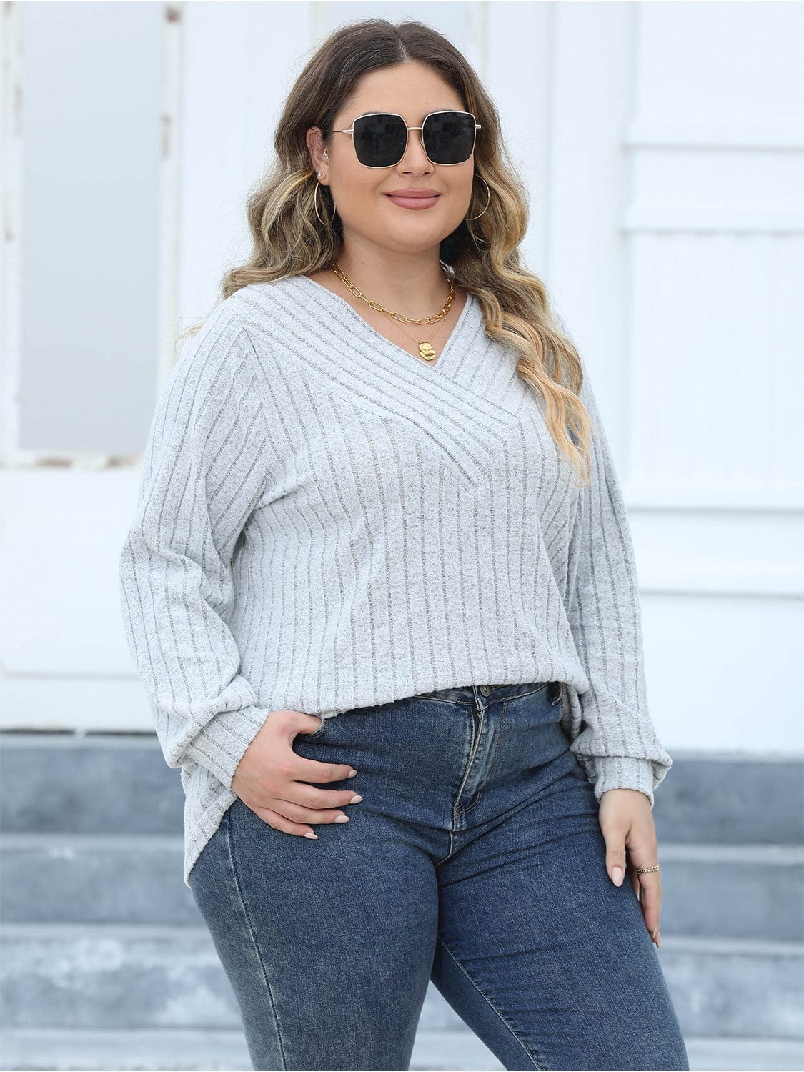 Plus Size Ribbed V - Neck Long Sleeve Top - ShalayeFashion