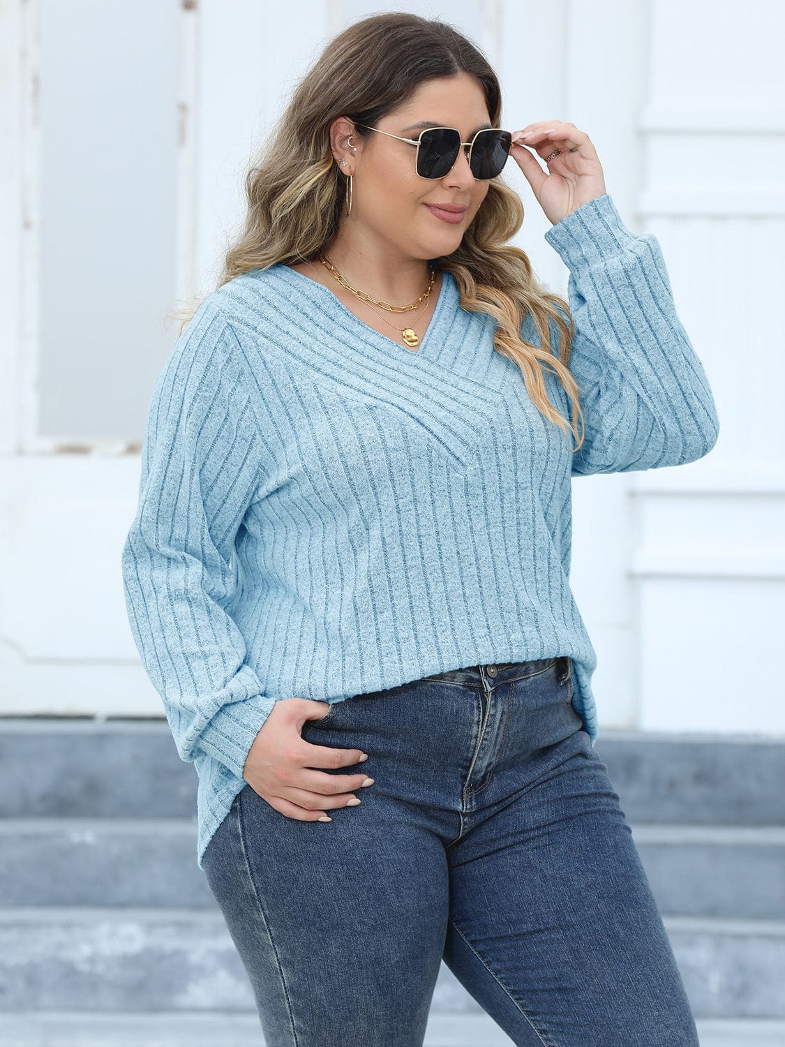 Plus Size Ribbed V - Neck Long Sleeve Top - ShalayeFashion