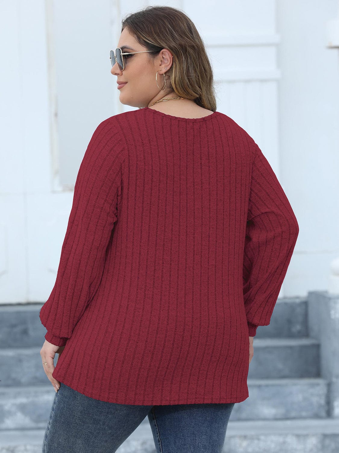 Plus Size Ribbed V - Neck Long Sleeve Top - ShalayeFashion