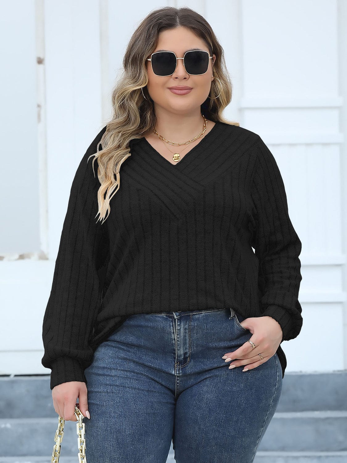 Plus Size Ribbed V - Neck Long Sleeve Top - ShalayeFashion