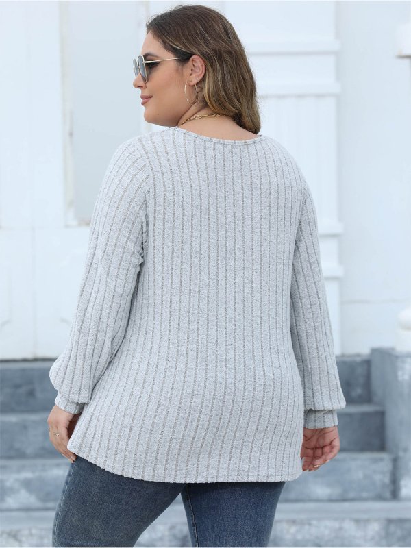 Plus Size Ribbed V - Neck Long Sleeve Top - ShalayeFashion