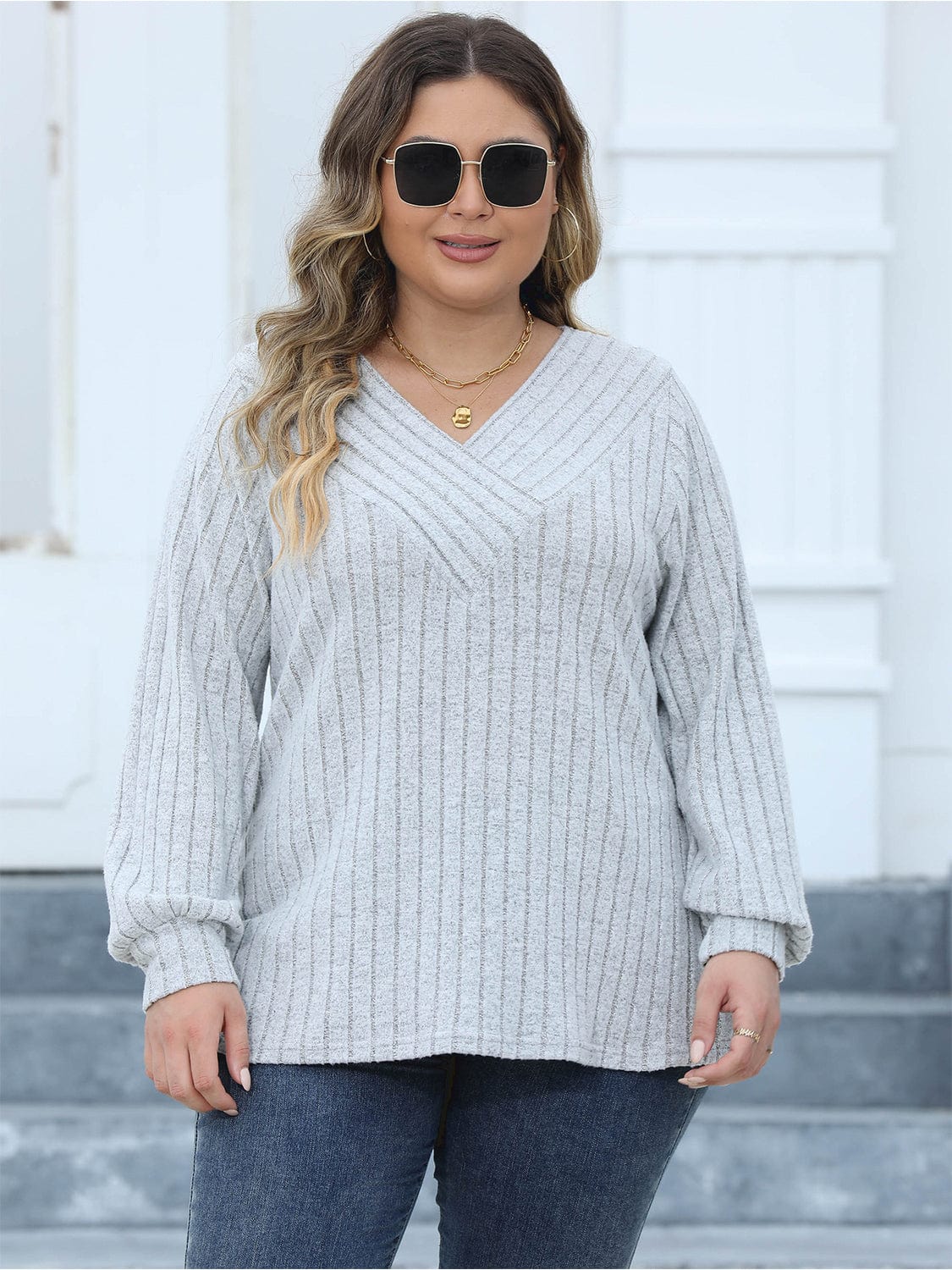 Plus Size Ribbed V - Neck Long Sleeve Top - ShalayeFashion