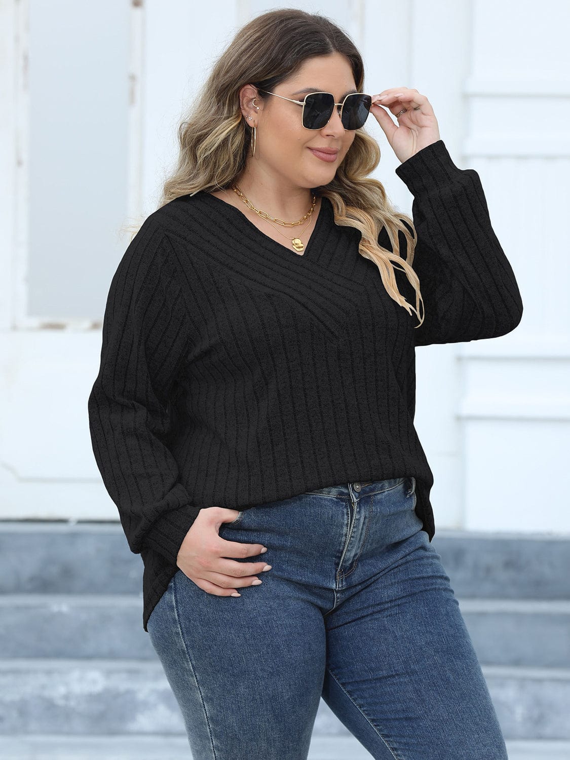 Plus Size Ribbed V - Neck Long Sleeve Top - ShalayeFashion