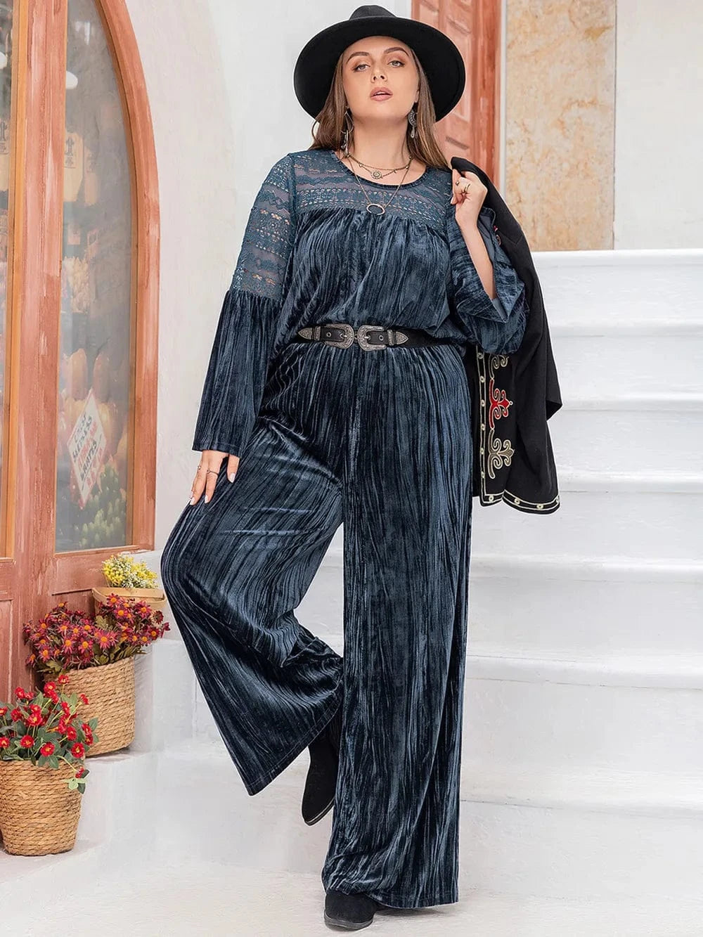 Plus Size Round Neck Flare Sleeve Top and Pants Set - ShalayeFashion