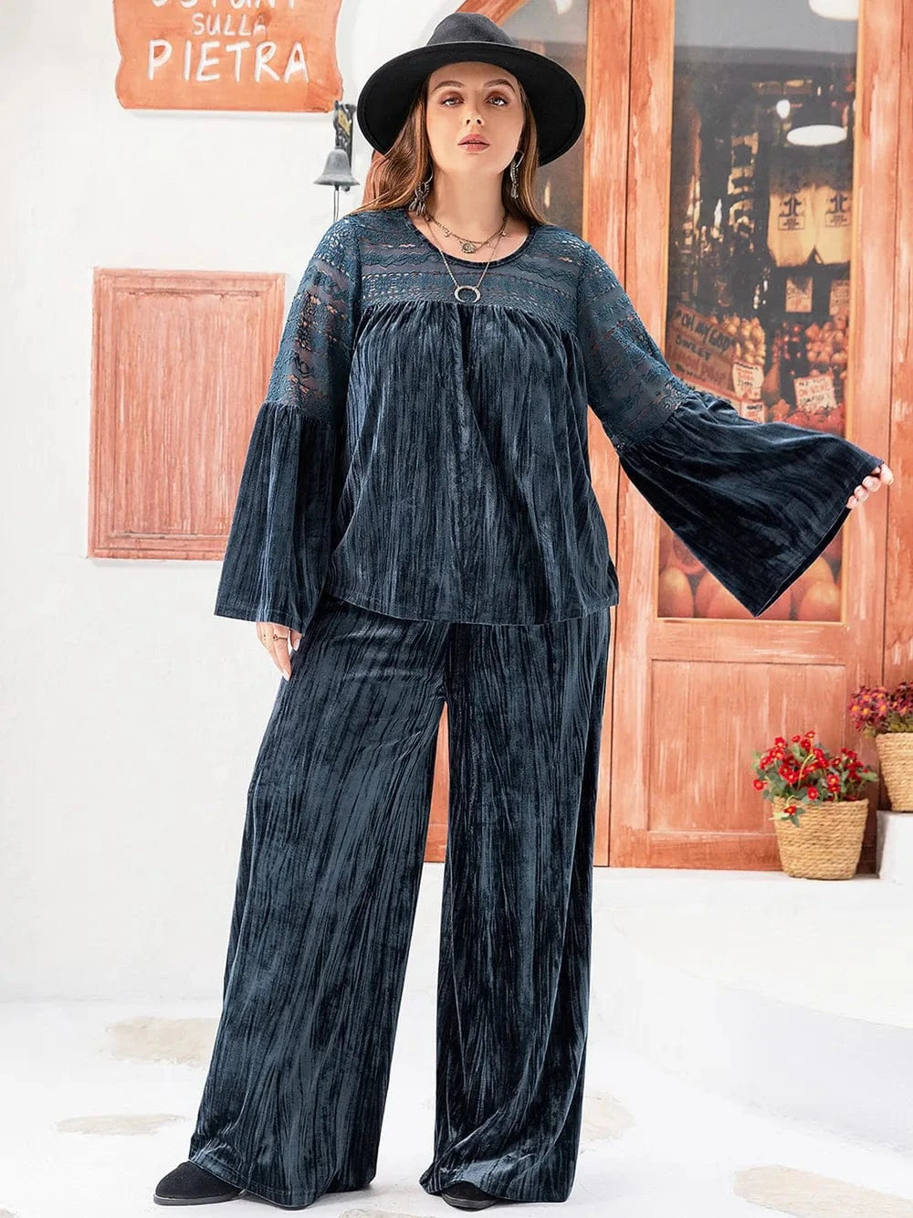 Plus Size Round Neck Flare Sleeve Top and Pants Set - ShalayeFashion