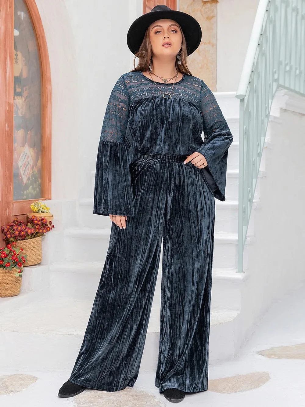 Plus Size Round Neck Flare Sleeve Top and Pants Set - ShalayeFashion