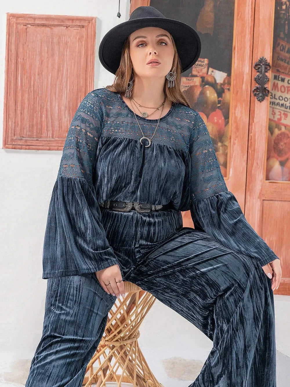 Plus Size Round Neck Flare Sleeve Top and Pants Set - ShalayeFashion