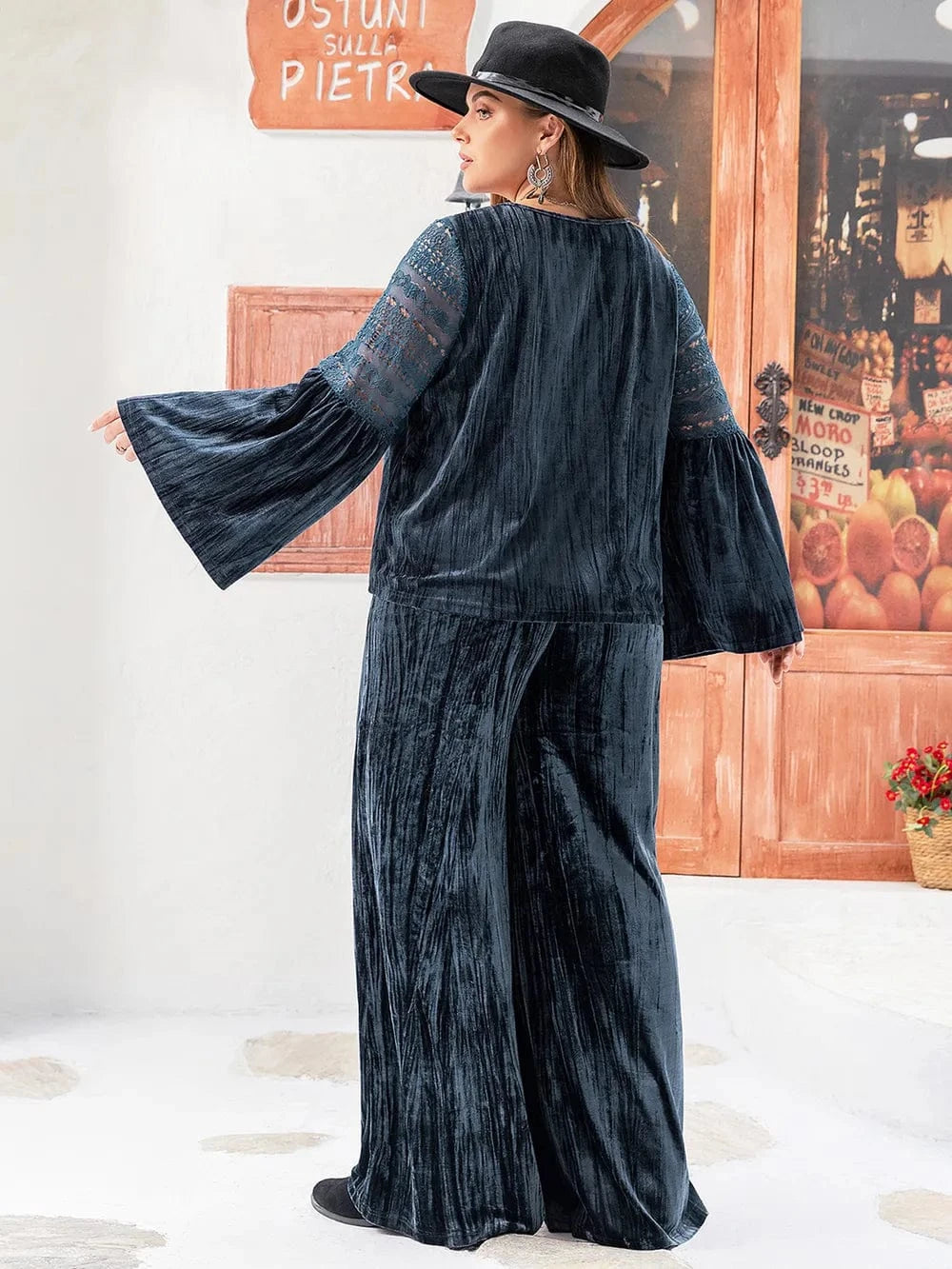 Plus Size Round Neck Flare Sleeve Top and Pants Set - ShalayeFashion