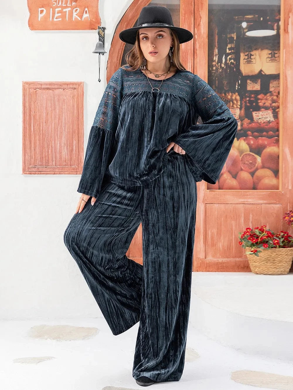 Plus Size Round Neck Flare Sleeve Top and Pants Set - ShalayeFashion