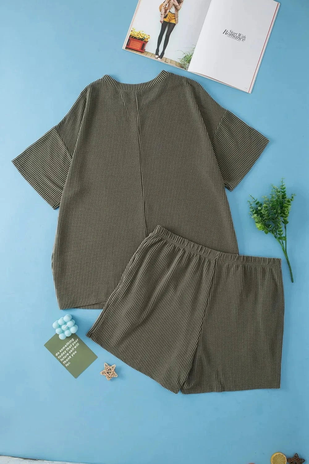 Plus Size Round Neck Top and Pocketed Shorts Set - ShalayeFashion