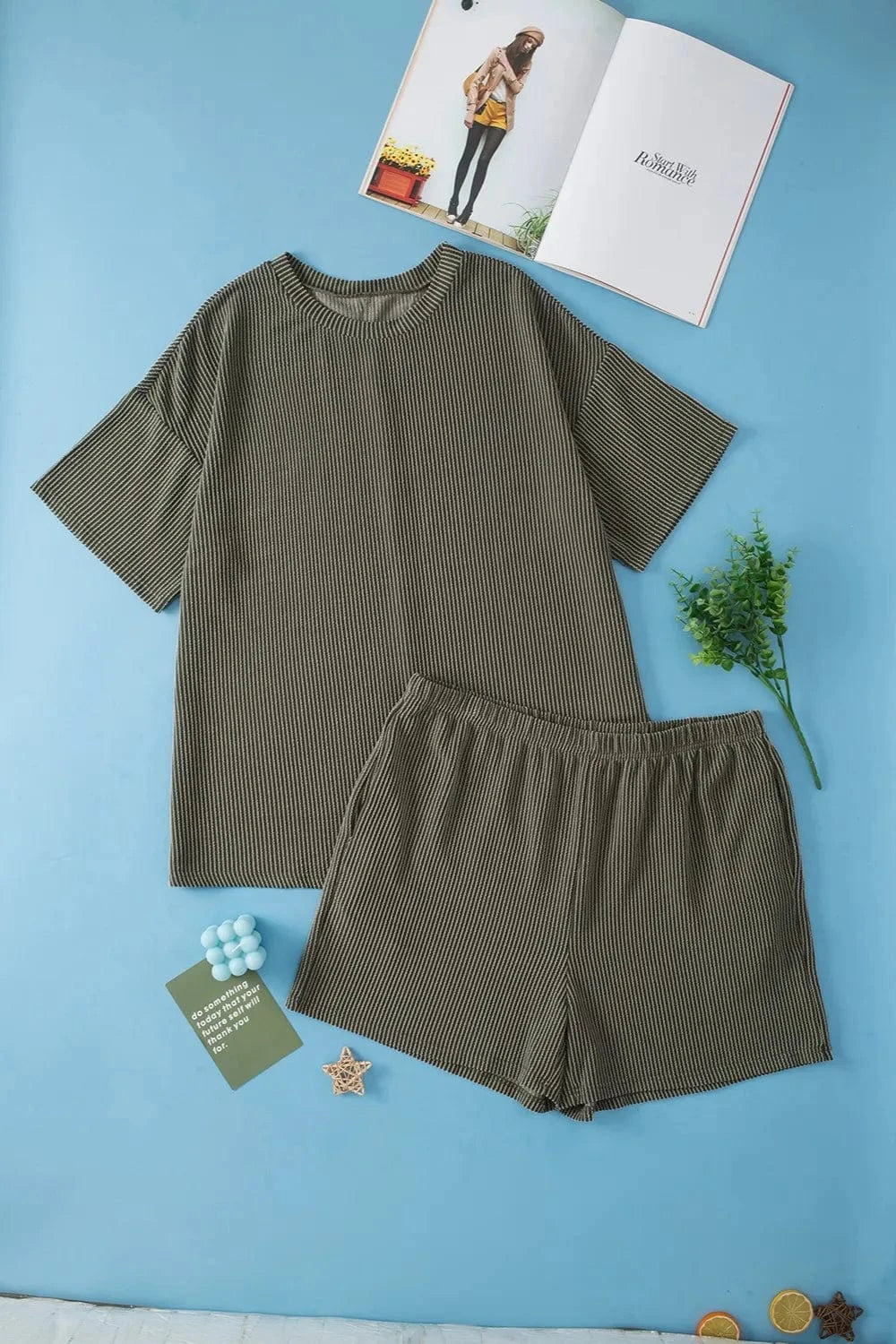 Plus Size Round Neck Top and Pocketed Shorts Set - ShalayeFashion