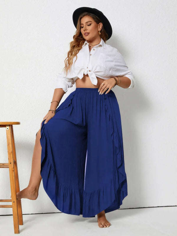 Plus Size Ruffle Wide Leg Palazzo Pants - ShalayeFashion