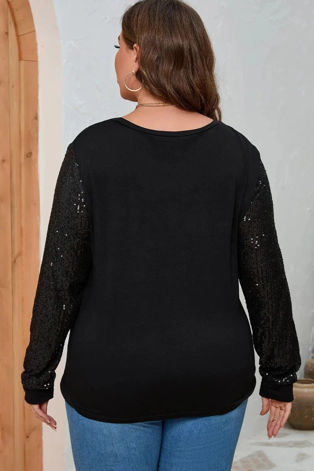 Plus Size Sequin Round Neck Long Sleeve Top - ShalayeFashion