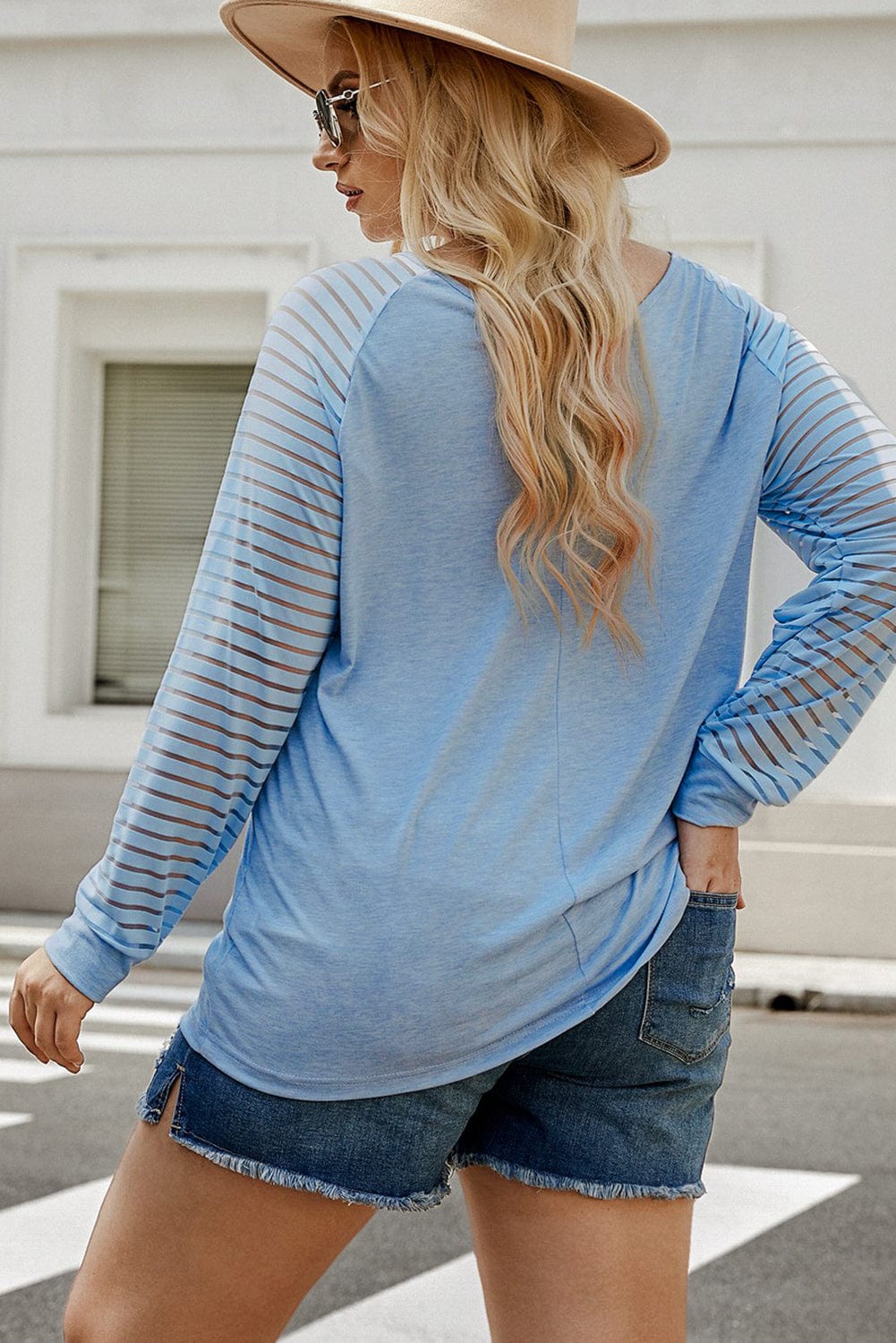 Plus Size Sheer Striped Sleeve V - Neck Top - ShalayeFashion