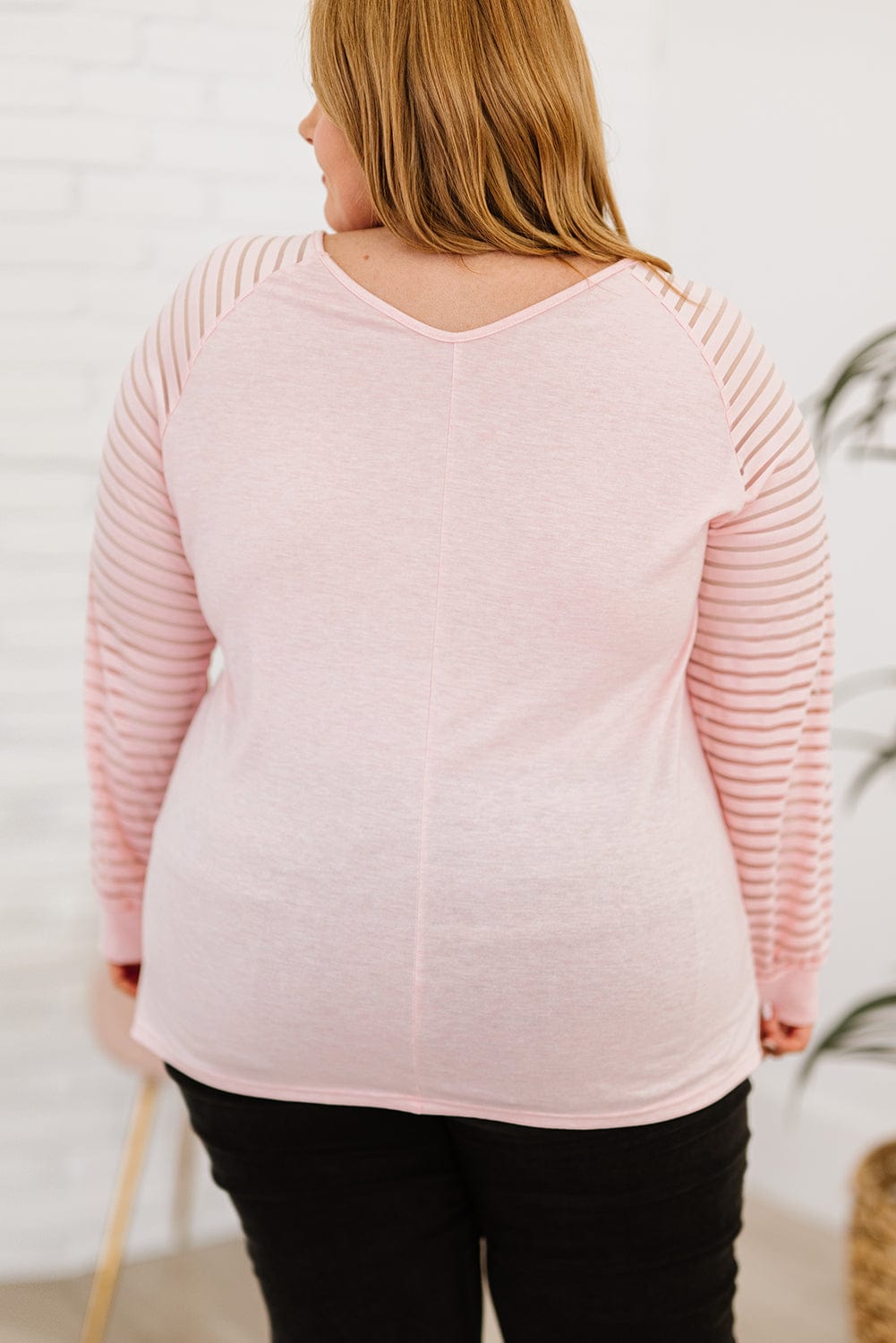 Plus Size Sheer Striped Sleeve V - Neck Top - ShalayeFashion