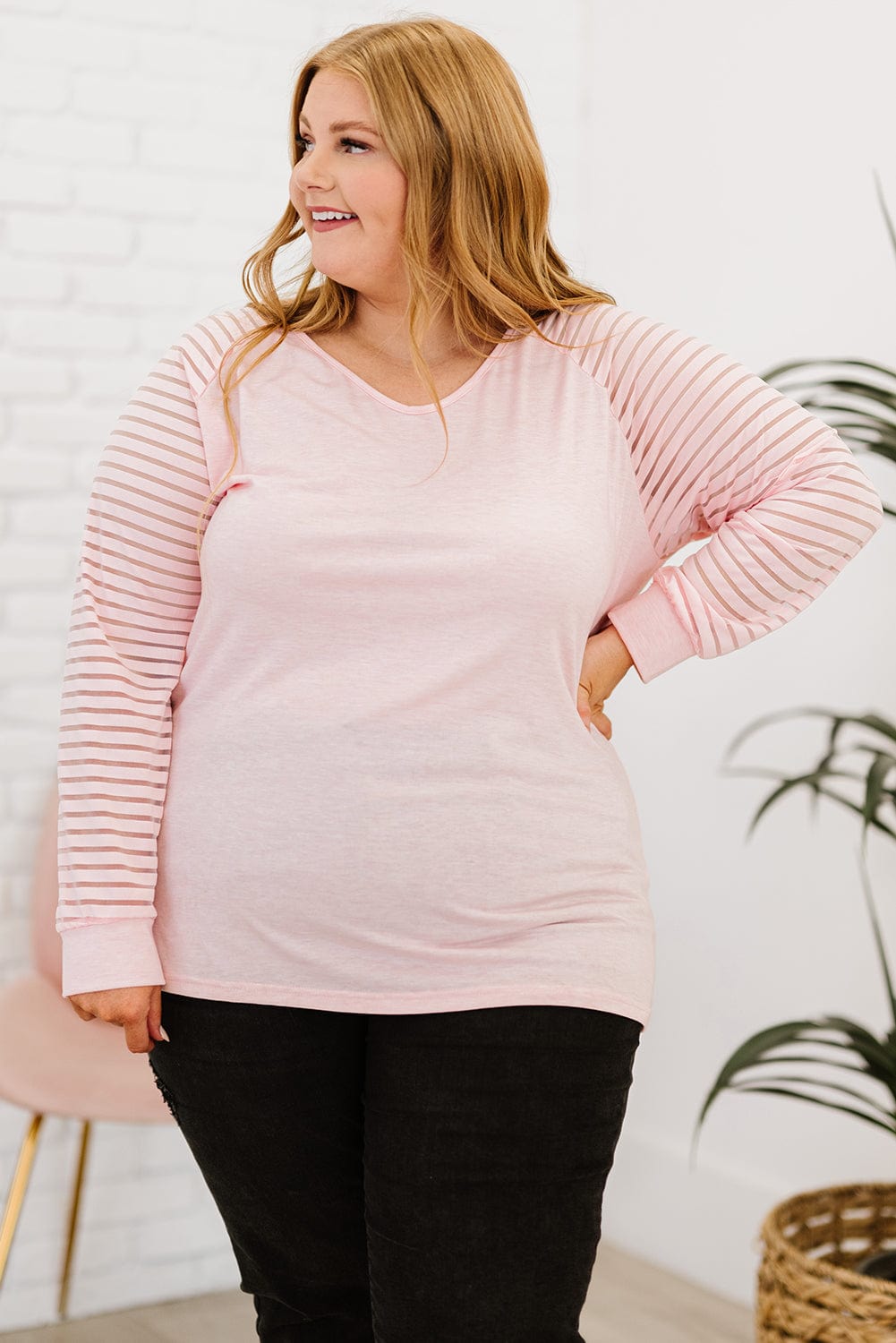 Plus Size Sheer Striped Sleeve V - Neck Top - ShalayeFashion