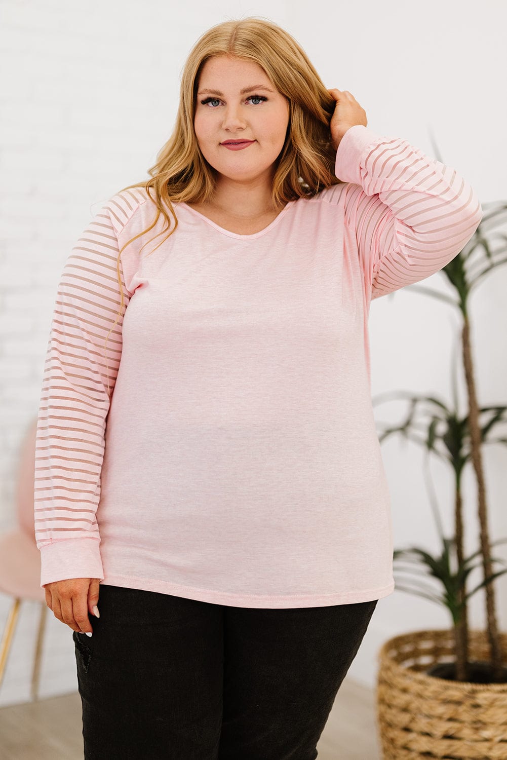 Plus Size Sheer Striped Sleeve V - Neck Top - ShalayeFashion