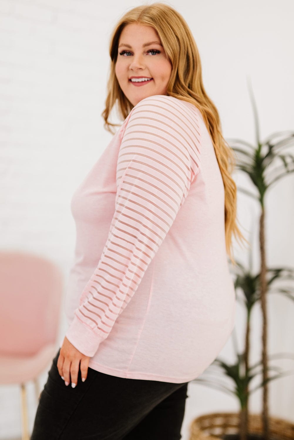 Plus Size Sheer Striped Sleeve V - Neck Top - ShalayeFashion