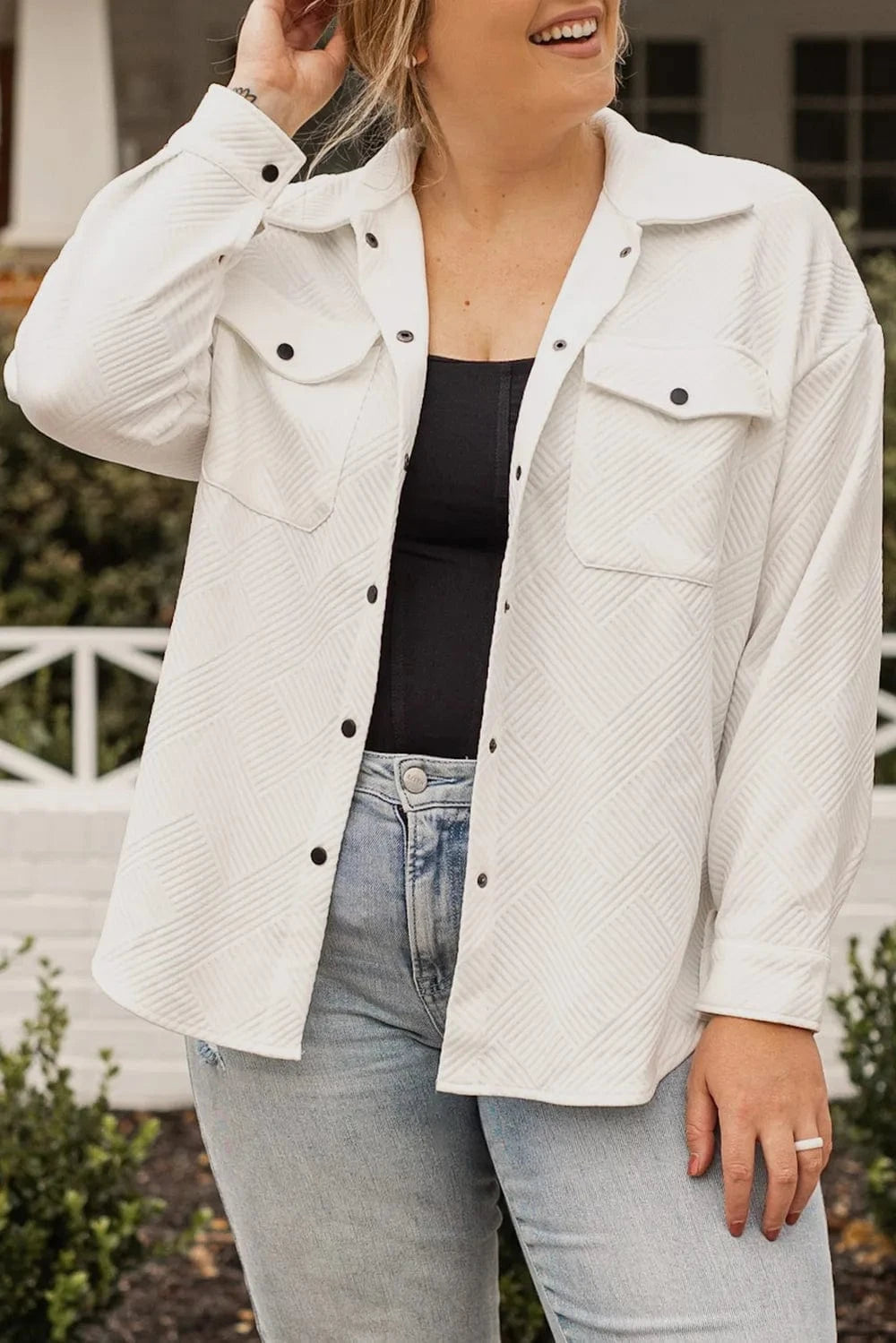 Plus Size Snap Down Dropped Shoulder Jacket - ShalayeFashion