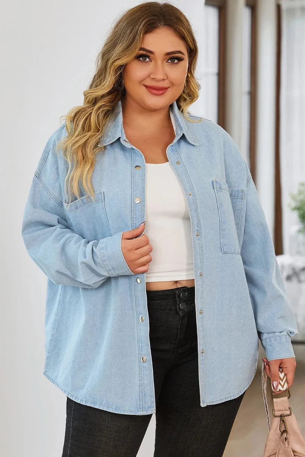 Plus Size Snap Down Pocketed Denim Jacket - ShalayeFashion