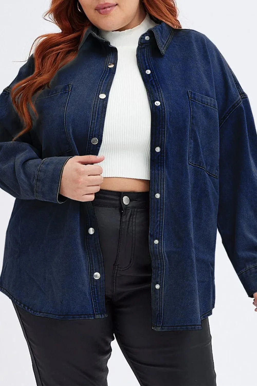 Plus Size Snap Down Pocketed Denim Jacket - ShalayeFashion