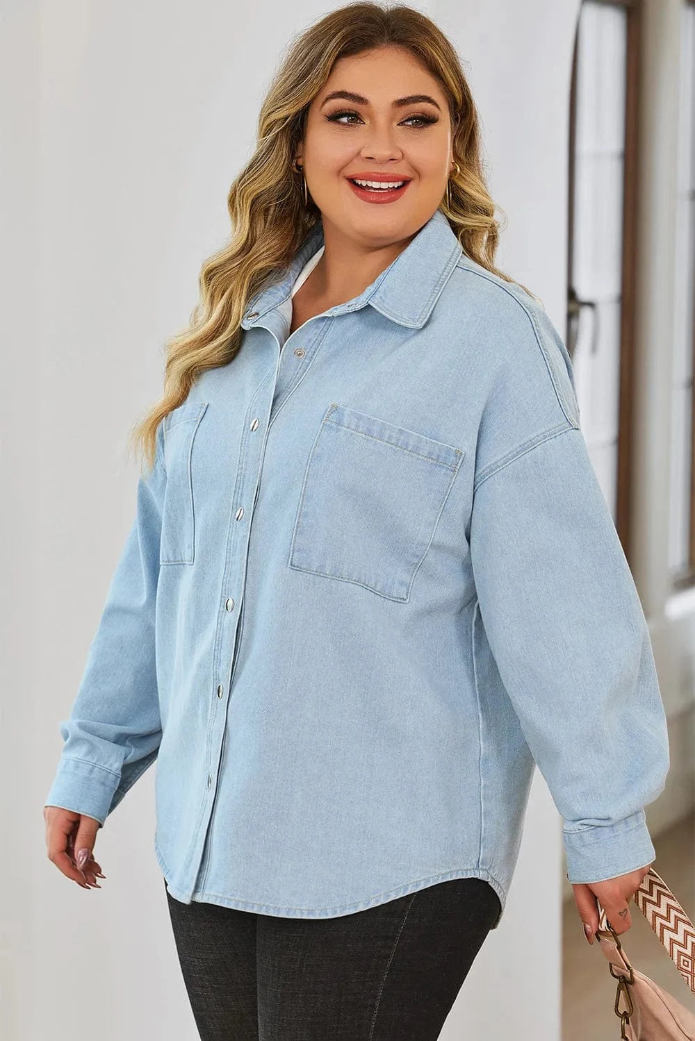 Plus Size Snap Down Pocketed Denim Jacket - ShalayeFashion