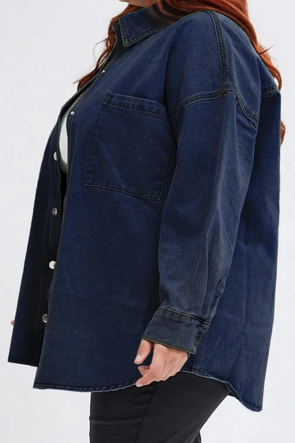 Plus Size Snap Down Pocketed Denim Jacket - ShalayeFashion