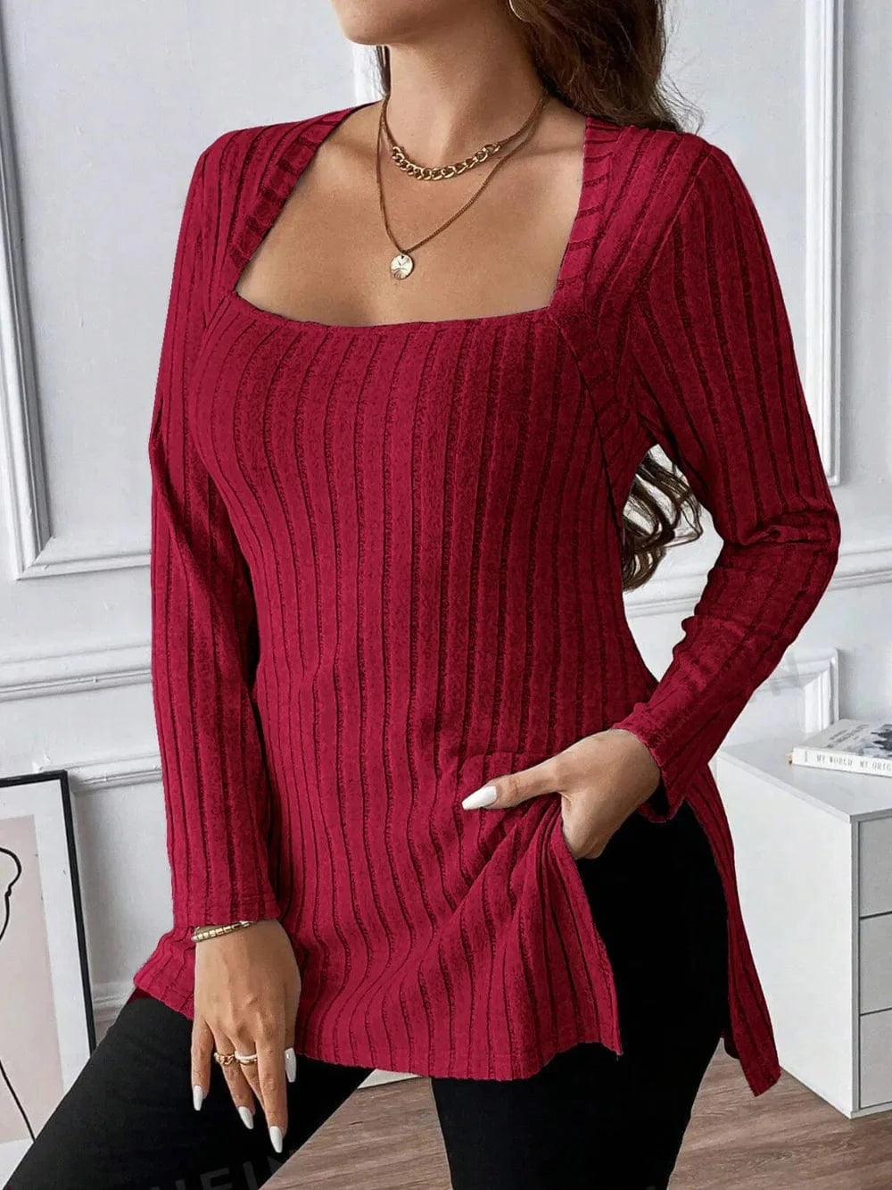 Plus Size Square Neck Long Sleeve Top - ShalayeFashion