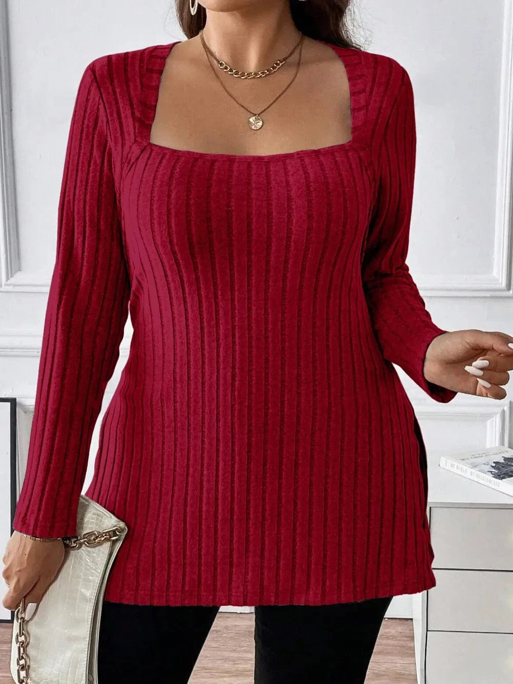 Plus Size Square Neck Long Sleeve Top - ShalayeFashion
