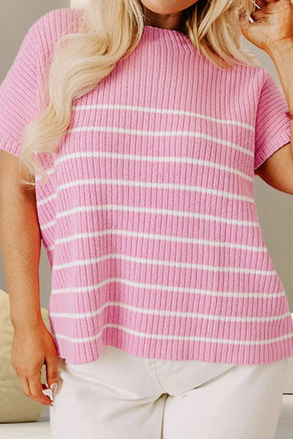Plus Size Striped Round Neck Cap Sleeve Knit Top - ShalayeFashion