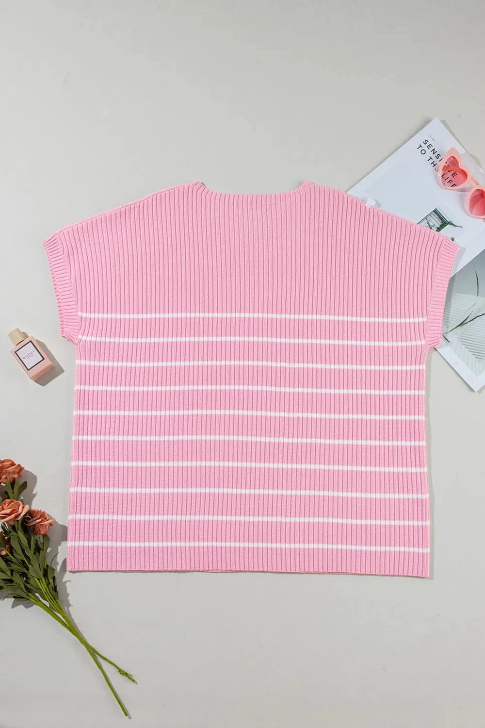 Plus Size Striped Round Neck Cap Sleeve Knit Top - ShalayeFashion