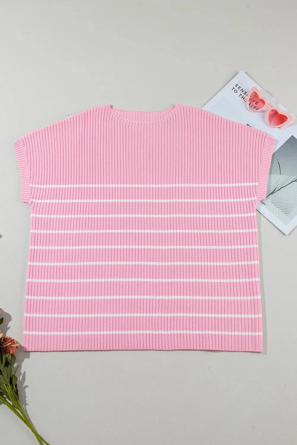Plus Size Striped Round Neck Cap Sleeve Knit Top - ShalayeFashion