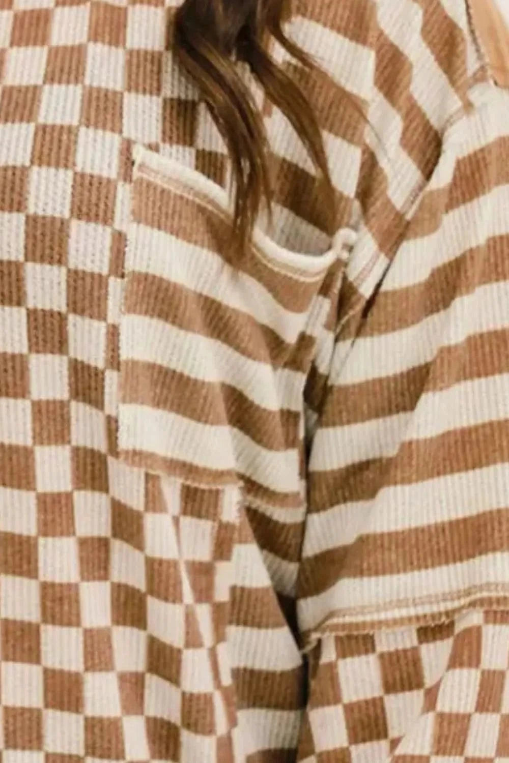 Plus Size Stripes & Checker Round Neck Long Sleeve Top - ShalayeFashion
