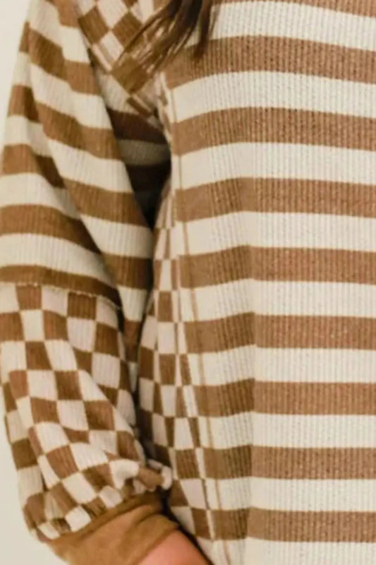 Plus Size Stripes & Checker Round Neck Long Sleeve Top - ShalayeFashion
