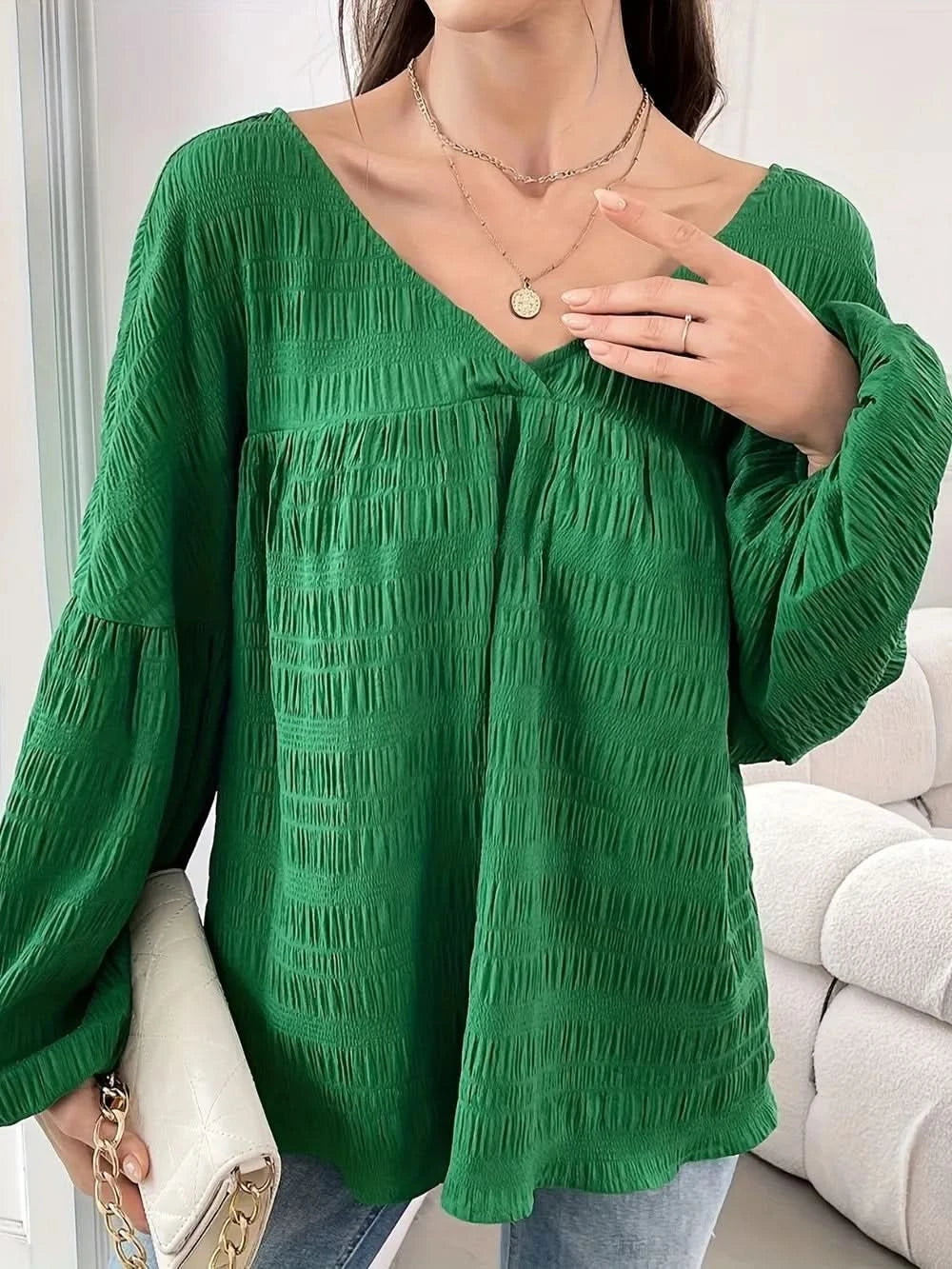 Plus Size Texture V - Neck Long Sleeve Top - ShalayeFashion