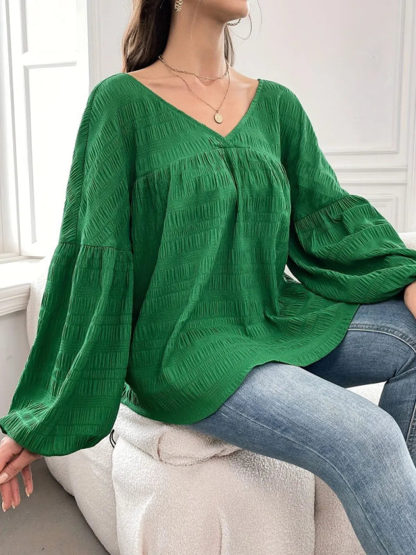 Plus Size Texture V - Neck Long Sleeve Top - ShalayeFashion