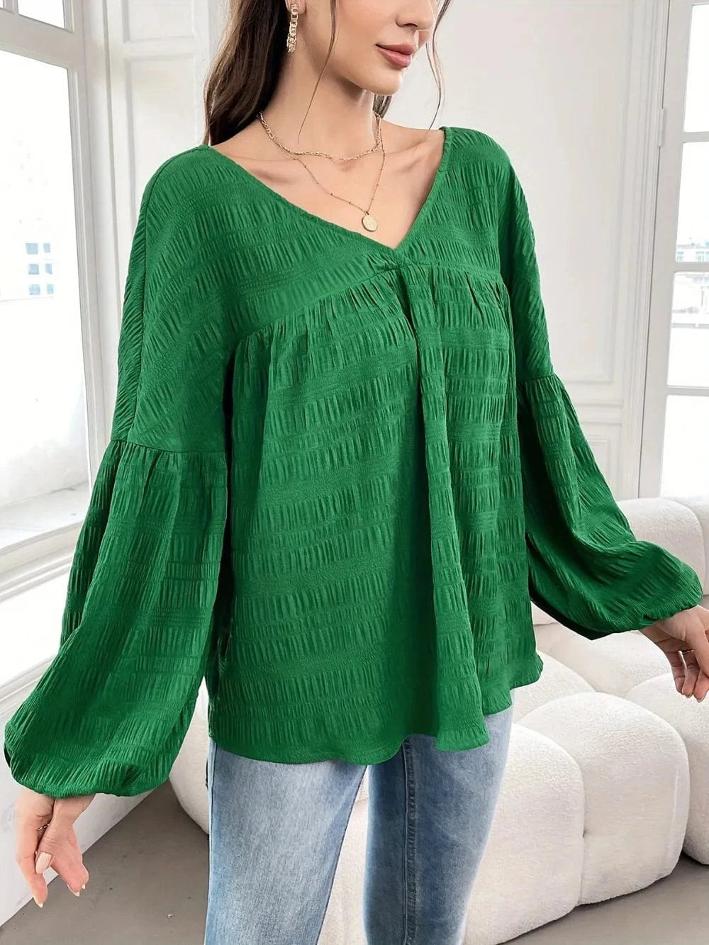 Plus Size Texture V - Neck Long Sleeve Top - ShalayeFashion