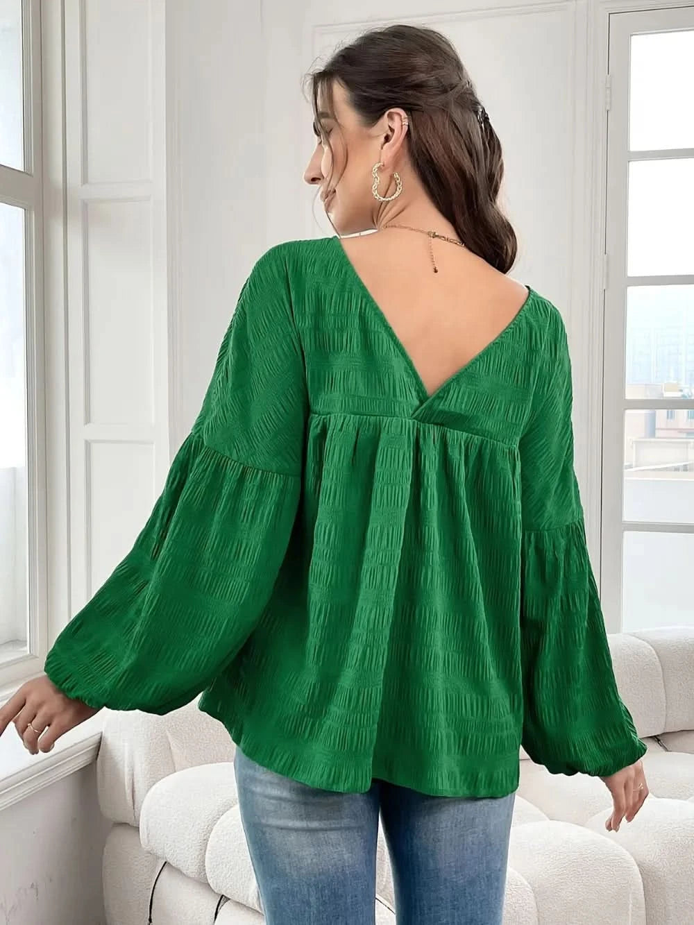 Plus Size Texture V - Neck Long Sleeve Top - ShalayeFashion