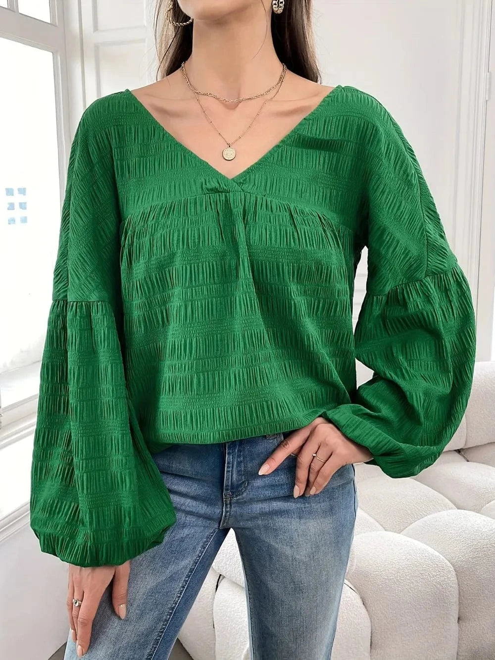 Plus Size Texture V - Neck Long Sleeve Top - ShalayeFashion