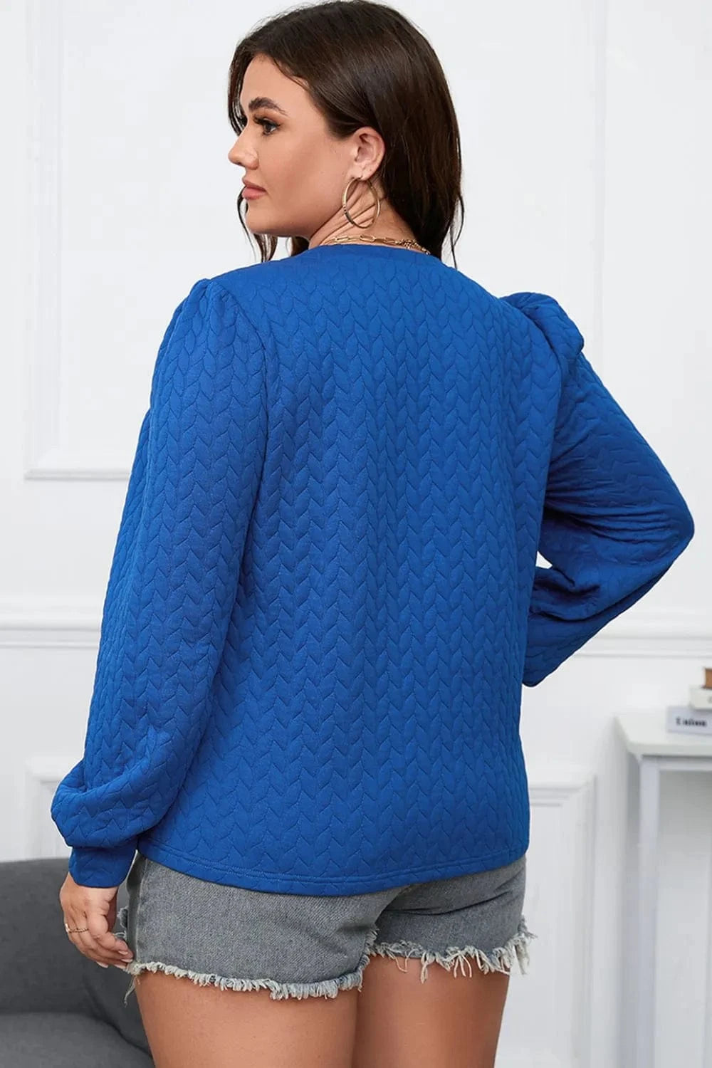 Plus Size Textured Round Neck Long Sleeve Top - ShalayeFashion