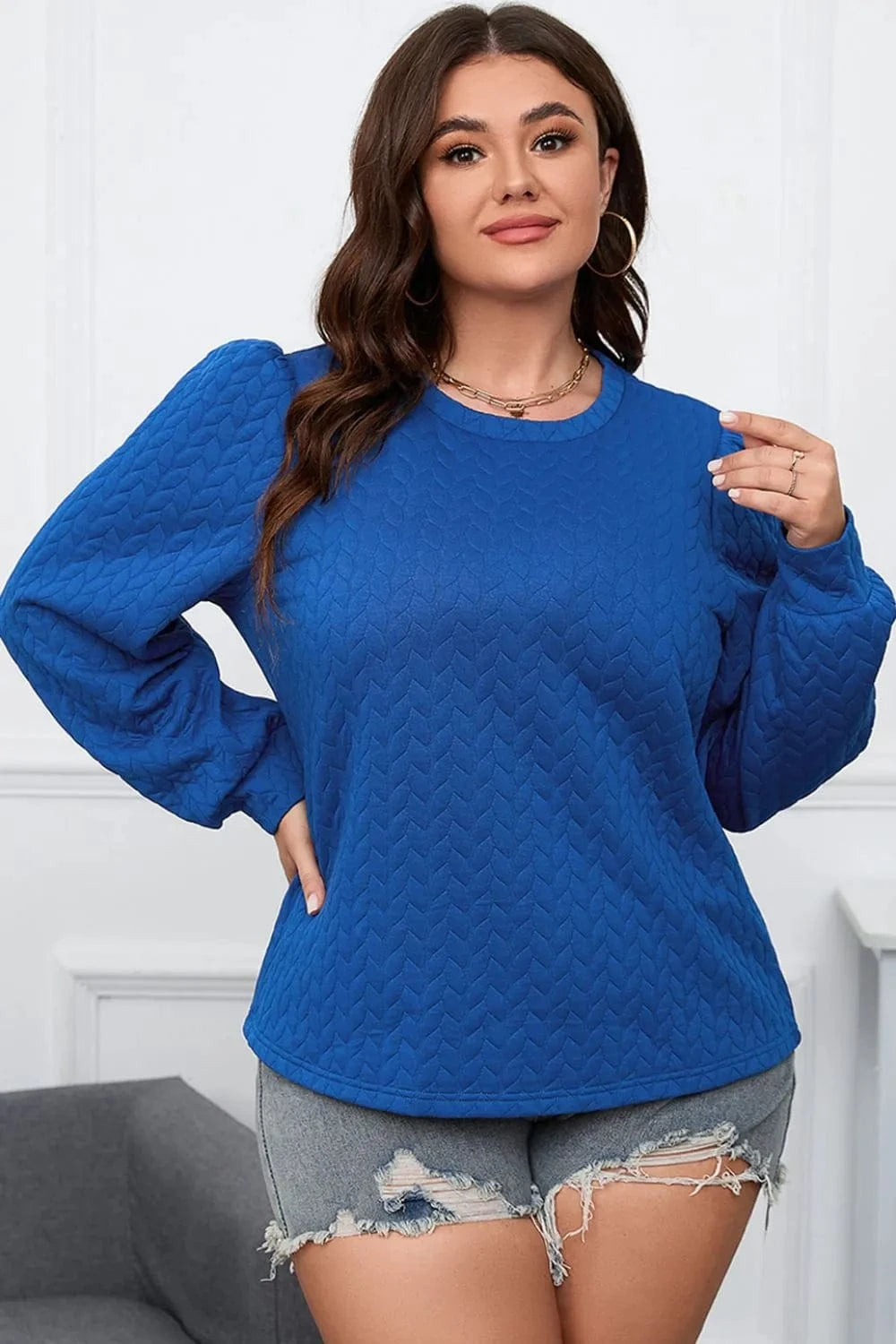 Plus Size Textured Round Neck Long Sleeve Top - ShalayeFashion