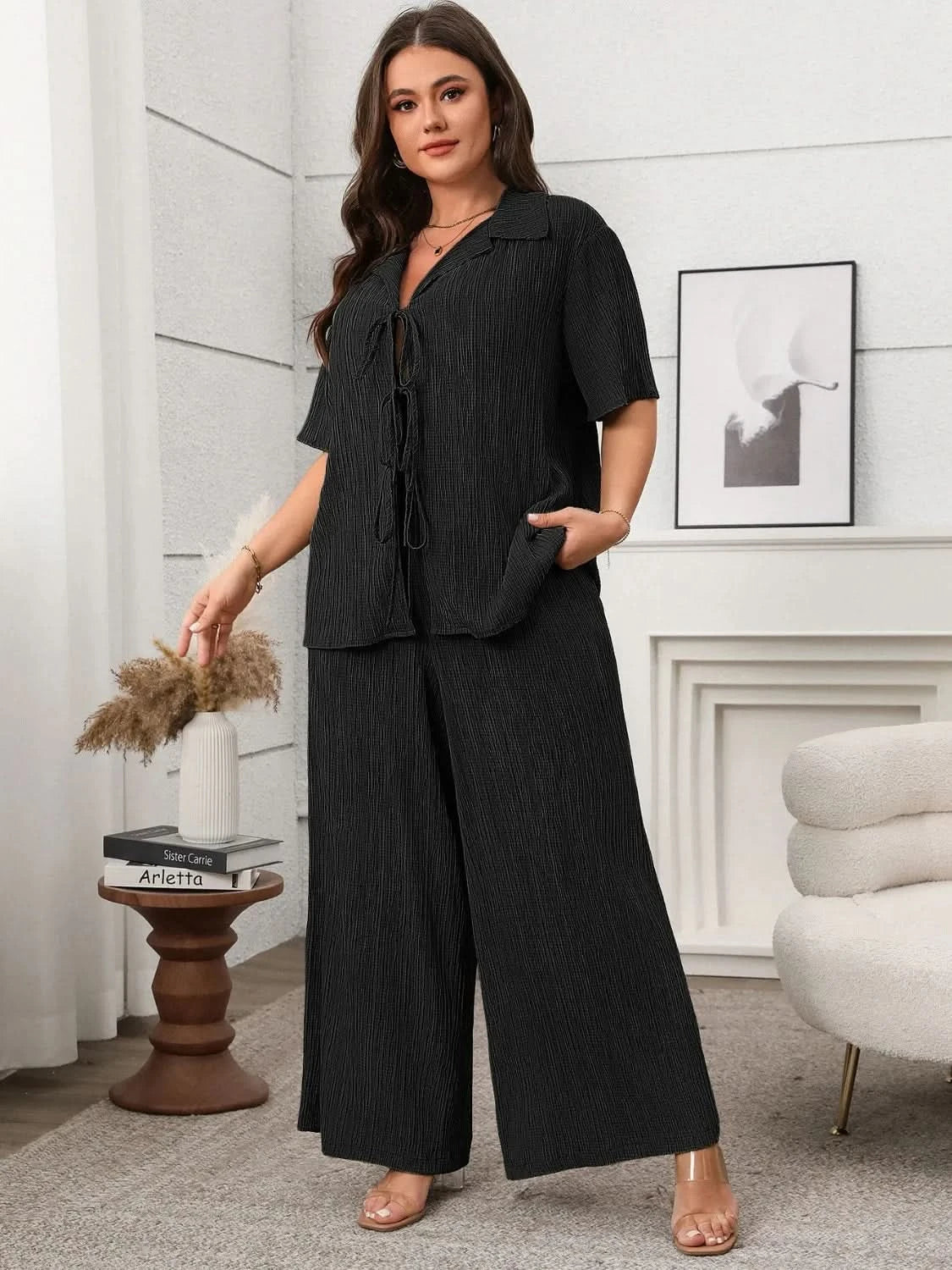 Plus Size Tie Front Short Sleeve Top and Pants Set - ShalayeFashion