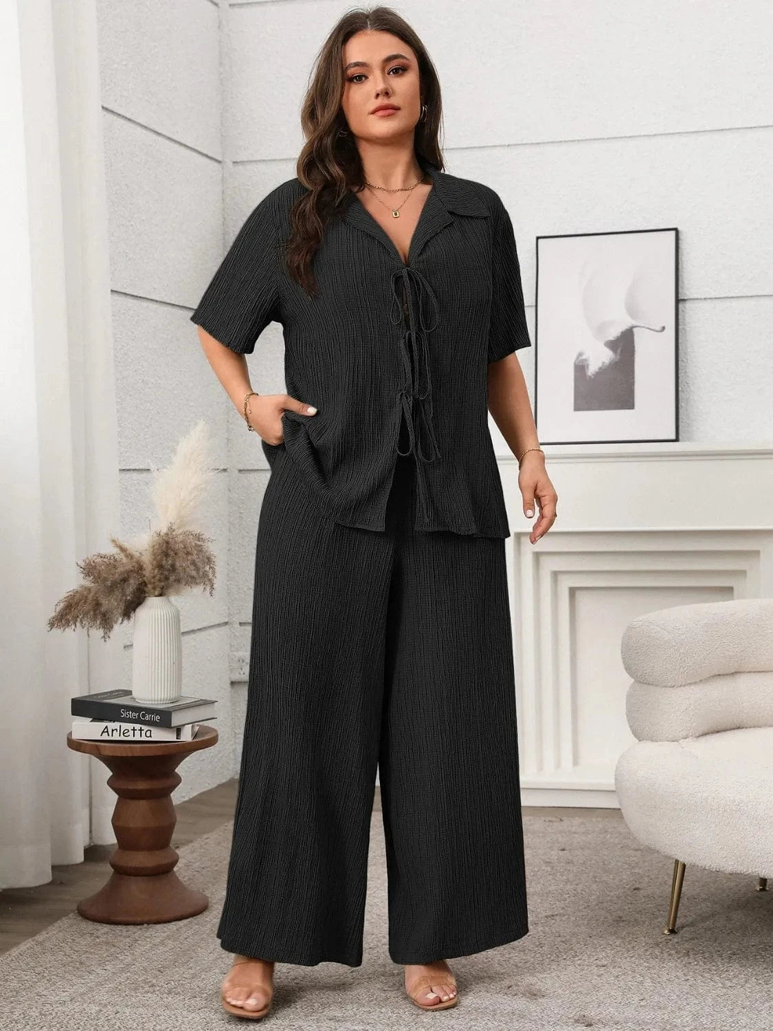 Plus Size Tie Front Short Sleeve Top and Pants Set - ShalayeFashion