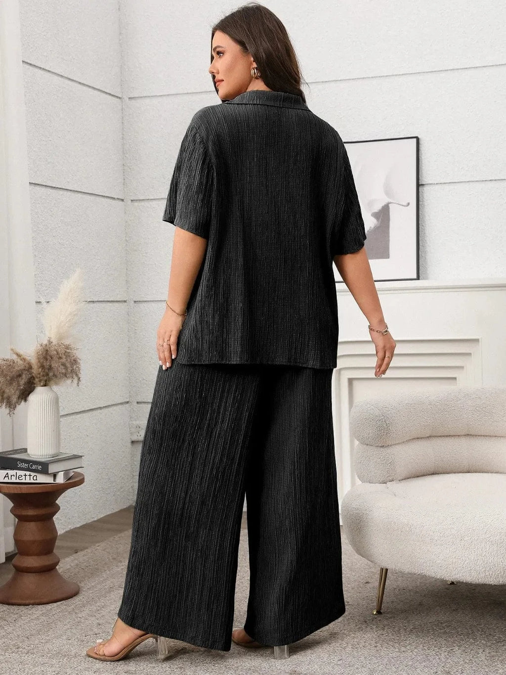 Plus Size Tie Front Short Sleeve Top and Pants Set - ShalayeFashion