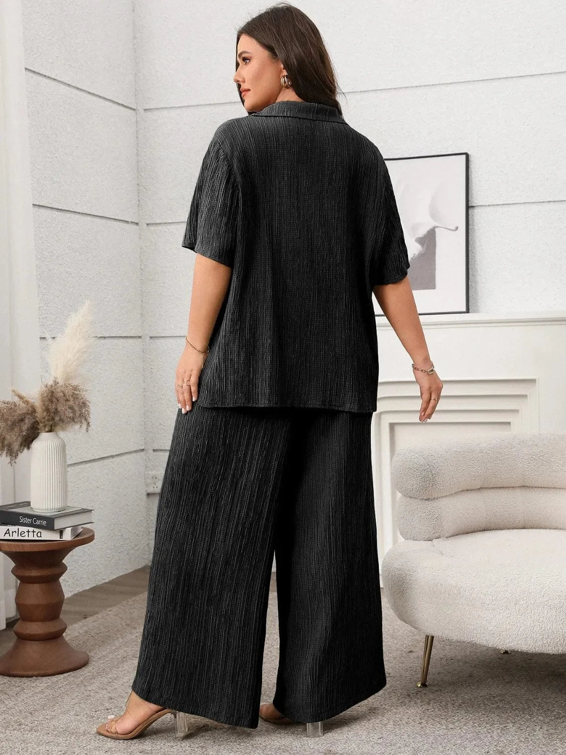 Plus Size Tie Front Short Sleeve Top and Pants Set - ShalayeFashion