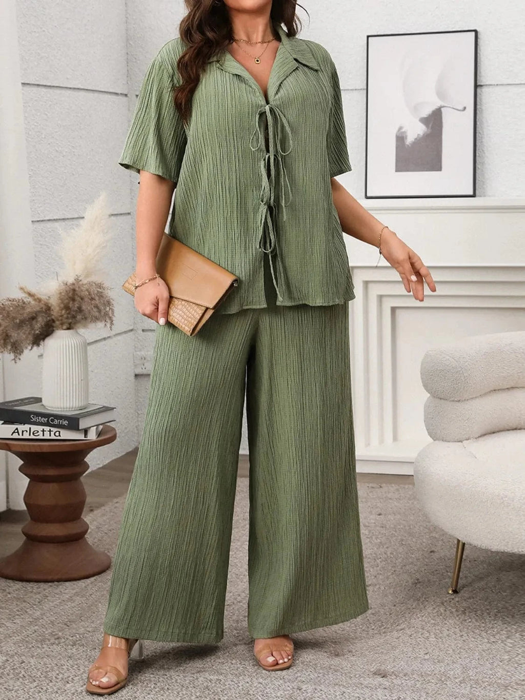 Plus Size Tie Front Short Sleeve Top and Pants Set - ShalayeFashion