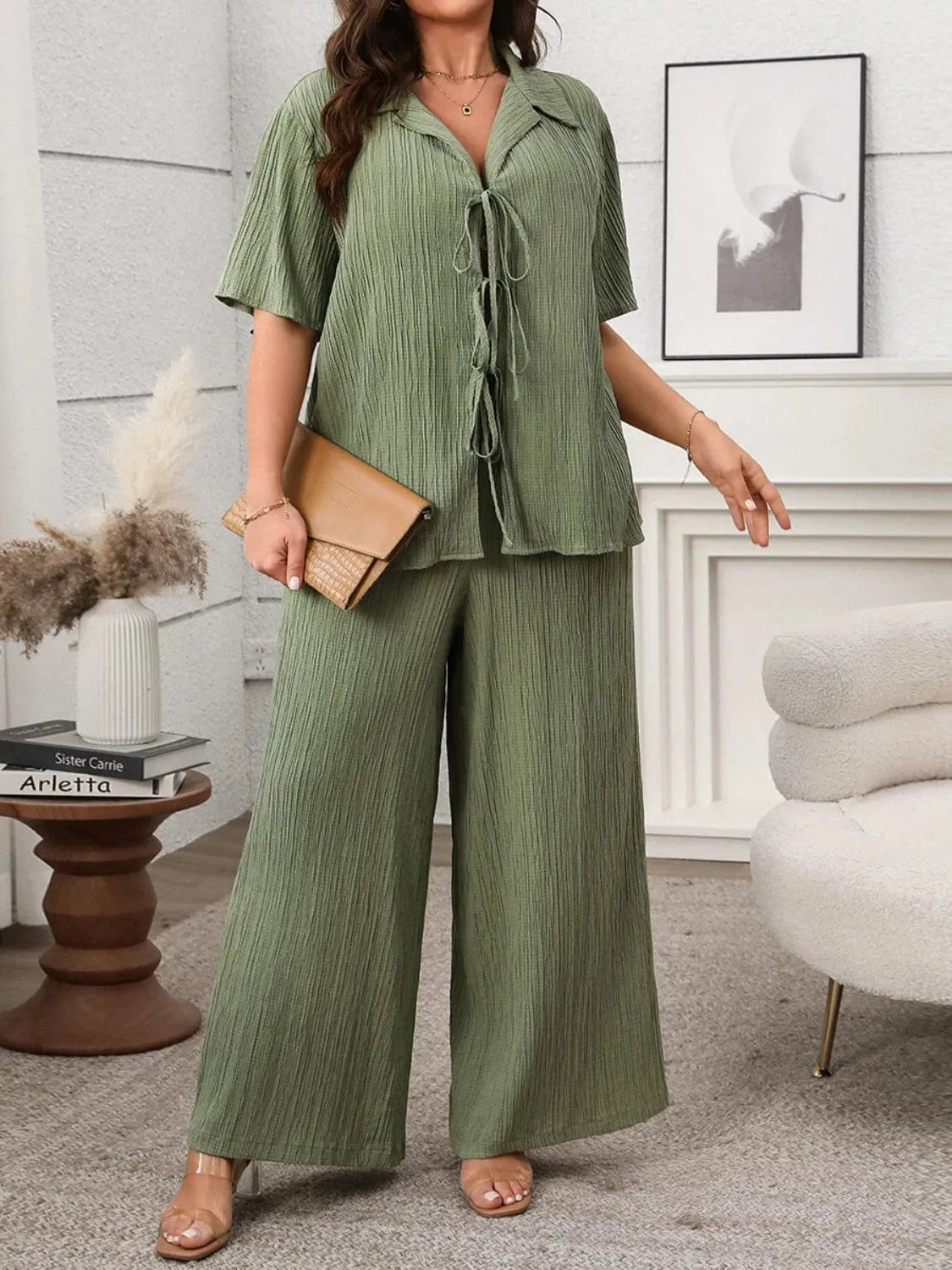 Plus Size Tie Front Short Sleeve Top and Pants Set - ShalayeFashion