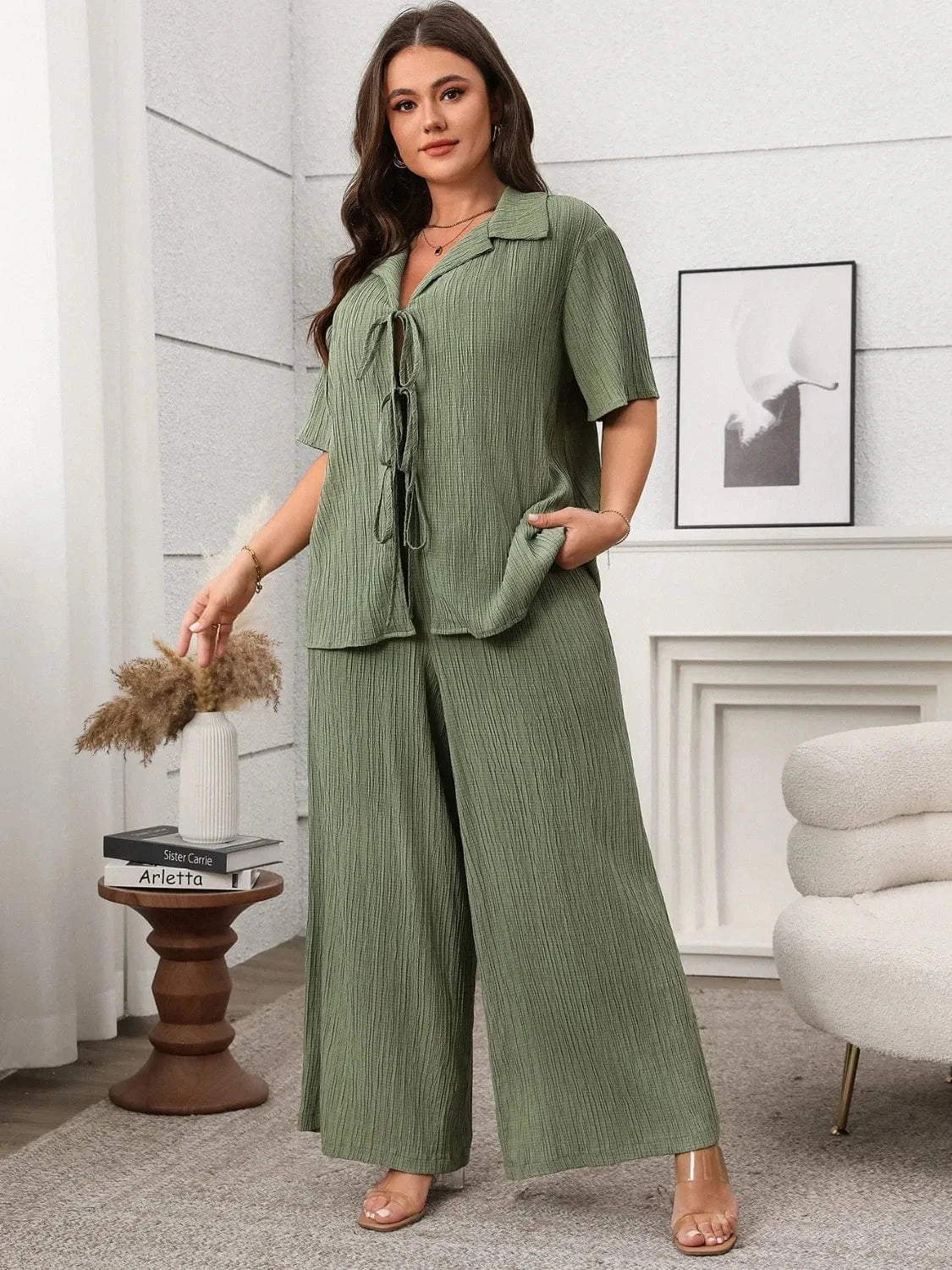 Plus Size Tie Front Short Sleeve Top and Pants Set - ShalayeFashion